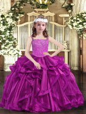 High Class Floor Length Lace Up Pageant Gowns For Girls Fuchsia for Party and Sweet 16 and Quinceanera and Wedding Party with Beading and Ruffles
