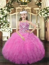 Enchanting Straps Sleeveless Lace Up Little Girls Pageant Dress Rose Pink Organza