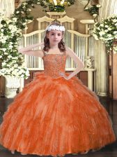 Elegant Organza Straps Sleeveless Lace Up Beading and Ruffles High School Pageant Dress in Orange Red