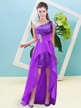 Luxurious One Shoulder Sleeveless Prom Party Dress High Low Beading and Sequins Eggplant Purple Elastic Woven Satin and Sequined