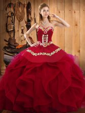  Burgundy Ball Gowns Organza Sweetheart Sleeveless Embroidery and Ruffles Floor Length Lace Up Sweet 16 Quinceanera Dress