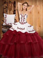 Latest Lace Up Sweet 16 Dresses Burgundy for Military Ball and Sweet 16 and Quinceanera with Embroidery and Ruffled Layers Sweep Train