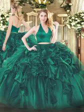 Most Popular Dark Green Zipper Halter Top Ruffles Quinceanera Gowns Organza Sleeveless