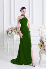  Sleeveless Elastic Woven Satin Sweep Train Lace Up Prom Dress in Green with Beading