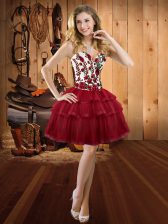  Wine Red Lace Up Sweetheart Embroidery and Ruffled Layers Dress for Prom Organza Sleeveless