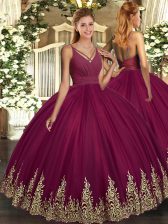 Artistic Ball Gowns Sweet 16 Dress Burgundy V-neck Tulle Sleeveless Floor Length Backless