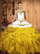 Comfortable Halter Top Sleeveless 15 Quinceanera Dress Floor Length Embroidery and Ruffles Gold Satin and Organza
