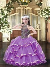 Trendy Floor Length Lavender Girls Pageant Dresses Organza Sleeveless Beading