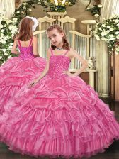  Rose Pink Sleeveless Beading and Ruffled Layers and Pick Ups Floor Length Girls Pageant Dresses