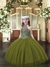  Olive Green Lace Up Halter Top Beading Pageant Dress Toddler Tulle Sleeveless
