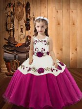 Beauteous Fuchsia Organza Zipper Little Girl Pageant Dress Sleeveless Floor Length Embroidery