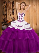  Fuchsia Quince Ball Gowns Military Ball and Sweet 16 and Quinceanera with Embroidery and Ruffled Layers Strapless Sleeveless Sweep Train Lace Up