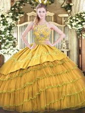  Floor Length Zipper Quinceanera Gowns Gold for Military Ball and Sweet 16 and Quinceanera with Beading and Embroidery and Ruffled Layers