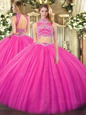 Sophisticated Hot Pink High-neck Backless Beading Sweet 16 Quinceanera Dress Sleeveless