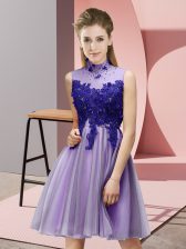 Beauteous Tulle High-neck Sleeveless Lace Up Appliques Quinceanera Dama Dress in Lavender
