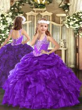 Trendy Organza V-neck Sleeveless Lace Up Beading and Ruffles and Pick Ups Kids Pageant Dress in Purple