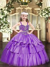 Fantastic Straps Sleeveless Pageant Dress Wholesale Floor Length Beading and Ruffled Layers Lavender Organza