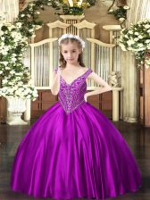  Sleeveless Floor Length Beading Lace Up Custom Made Pageant Dress with Purple