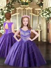  Scoop Sleeveless Kids Pageant Dress Floor Length Beading Lavender Tulle