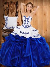 Perfect Blue Quinceanera Dress Military Ball and Sweet 16 and Quinceanera with Embroidery and Ruffles Strapless Sleeveless Lace Up