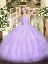 Noble Sleeveless Floor Length Beading and Ruffles Lace Up Sweet 16 Quinceanera Dress with Lavender