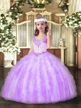 Fashionable Floor Length Lilac Little Girls Pageant Gowns Organza Sleeveless Beading and Ruffles