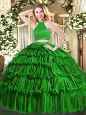 Green Ball Gowns Beading and Ruffled Layers Quinceanera Gown Backless Organza Sleeveless Floor Length