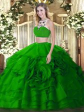  Tulle High-neck Sleeveless Backless Beading and Ruffled Layers Quinceanera Dress in Green