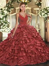 Artistic Ruffles 15 Quinceanera Dress Coral Red Backless Sleeveless With Train Sweep Train