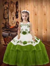  Sleeveless Organza Floor Length Lace Up Kids Pageant Dress in Olive Green with Embroidery and Ruffled Layers