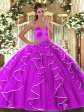 Inexpensive Fuchsia Organza Lace Up Sweetheart Sleeveless Floor Length Quinceanera Dresses Beading and Ruffles