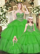 Pretty Green Organza Lace Up Quince Ball Gowns Sleeveless Floor Length Beading and Ruffled Layers
