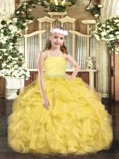 Affordable Gold Zipper Child Pageant Dress Beading and Lace and Ruffles Sleeveless Floor Length