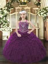 Custom Fit Straps Sleeveless Little Girl Pageant Dress Floor Length Beading and Ruffles Purple Organza