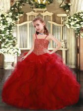 Trendy Red Ball Gowns Beading and Ruffles Little Girl Pageant Gowns Lace Up Tulle Sleeveless Floor Length