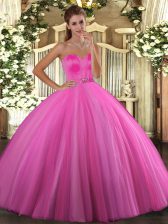  Rose Pink Tulle Lace Up Sweetheart Sleeveless Floor Length Sweet 16 Dresses Beading