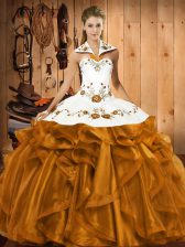  Brown Sleeveless Floor Length Embroidery and Ruffles Lace Up Vestidos de Quinceanera