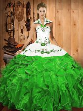 Beauteous Halter Top Sleeveless Sweet 16 Dresses Floor Length Embroidery and Ruffles Green Satin and Organza
