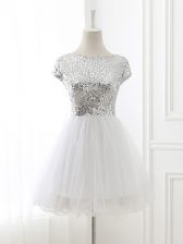  White Scoop Zipper Sequins Dama Dress for Quinceanera Cap Sleeves