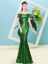 Edgy Green Sequined Zipper Prom Dresses Short Sleeves Floor Length Sequins