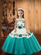 Glorious Aqua Blue Lace Up Straps Embroidery Kids Formal Wear Organza Sleeveless