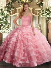  Watermelon Red Sleeveless Organza Lace Up Quinceanera Dresses for Military Ball and Sweet 16 and Quinceanera