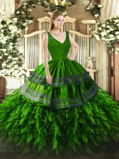  Green Ball Gowns Organza V-neck Sleeveless Beading and Lace and Ruffles Floor Length Backless Sweet 16 Quinceanera Dress