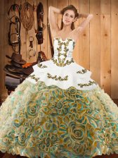 Custom Design Multi-color Satin and Fabric With Rolling Flowers Lace Up Ball Gown Prom Dress Sleeveless With Train Sweep Train Embroidery