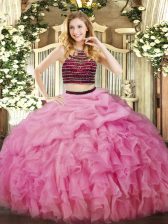 Elegant Rose Pink Halter Top Neckline Beading and Ruffles 15 Quinceanera Dress Sleeveless Zipper