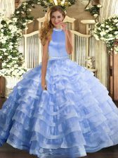 Customized Blue Sleeveless Beading and Ruffled Layers Floor Length Quinceanera Gown