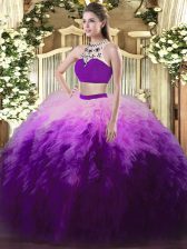 Ideal Sleeveless Backless Floor Length Beading and Ruffles Ball Gown Prom Dress
