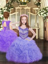  Lavender Organza Lace Up Scoop Sleeveless Floor Length Custom Made Pageant Dress Beading and Ruffles and Pick Ups