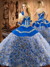 Luxurious With Train Multi-color Sweet 16 Quinceanera Dress Satin and Fabric With Rolling Flowers Sweep Train Sleeveless Embroidery