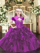 Pretty Floor Length Fuchsia Pageant Gowns For Girls Straps Sleeveless Lace Up